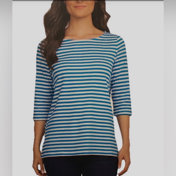 Lands' End Tops - Land's End blue white nautical preppy 3/4 Sleeve Boat Neck Pima Cotton top NWT L